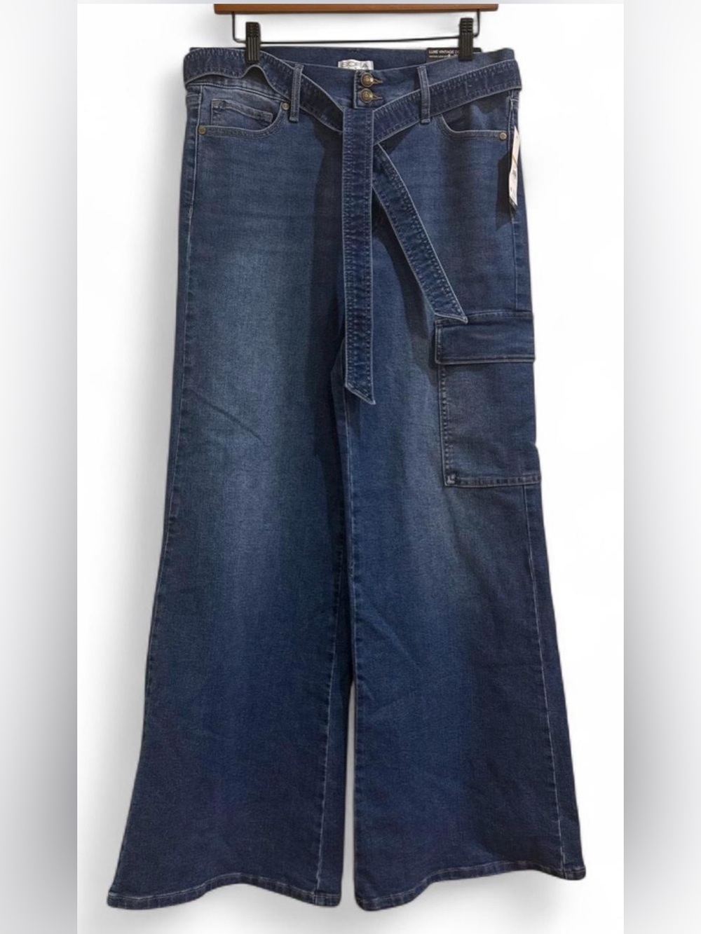 sofia by sofia vergara Dark Blue Wide Leg Cargo Jeans with Tie Belt